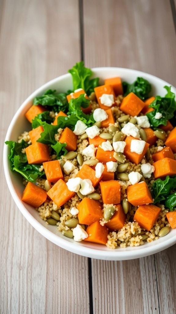 A vibrant kale quinoa salad with sweet potatoes, feta, and pumpkin seeds on a wooden table.